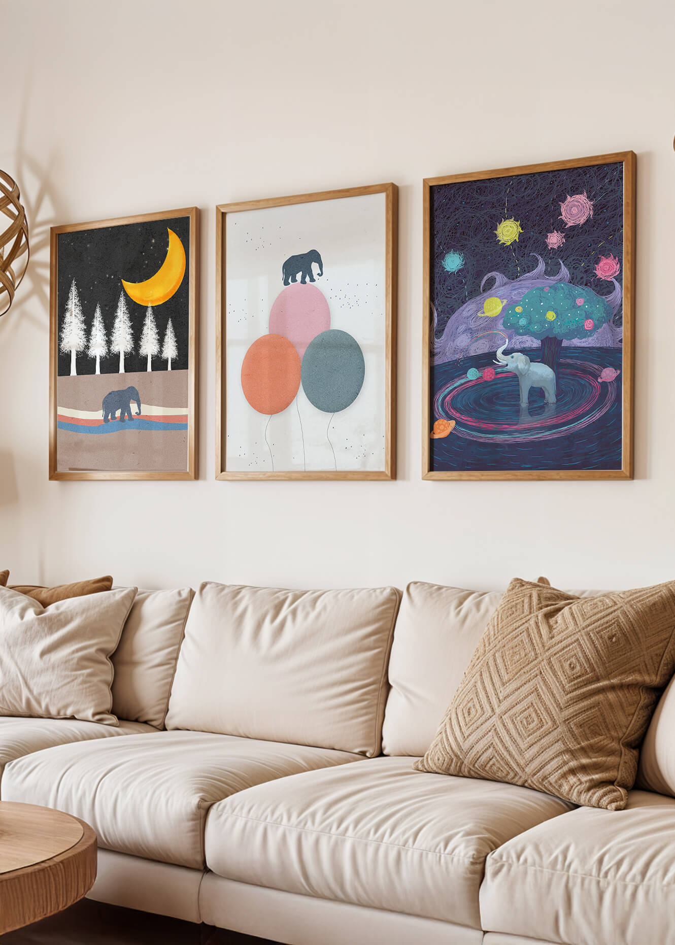 Tríptico de Ilustraciones con Motivos de Elefantes y Paisajes Fantásticos