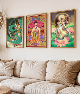 Conjunto de Tres Obras de Arte Oriental en Bloques de Madera