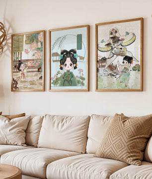 Illustrations de style oriental avec des personnages enfantins