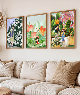 Arte Colorido con Motivos Florales y Personajes en Ilustraciones