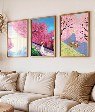 Peintures de fleurs de cerisier encadrées avec de magnifiques paysages