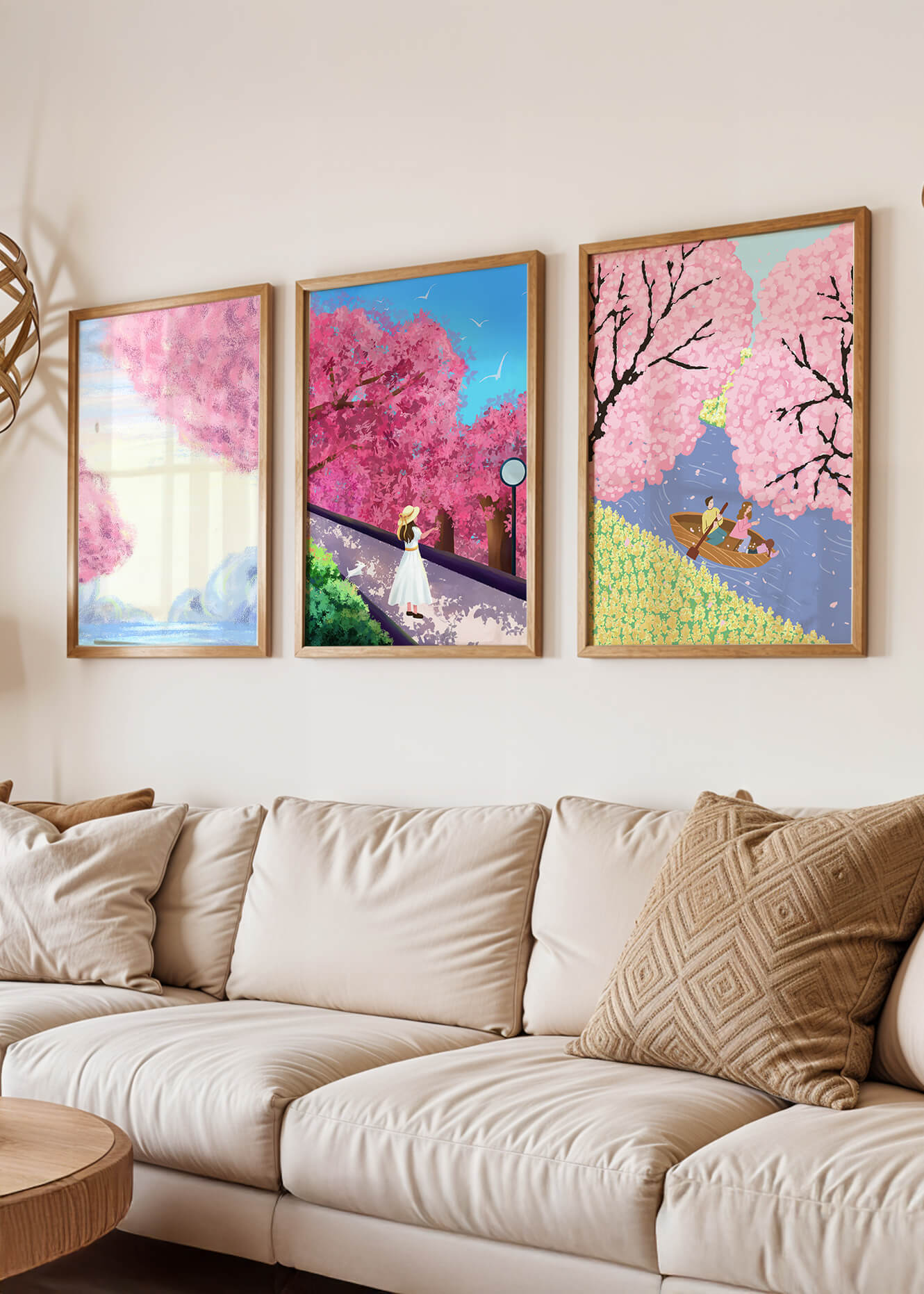 Peintures de fleurs de cerisier encadrées avec de magnifiques paysages