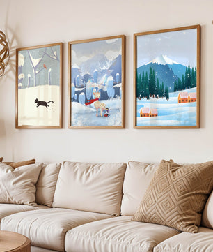Ensemble d'illustrations hivernales avec des animaux et des paysages