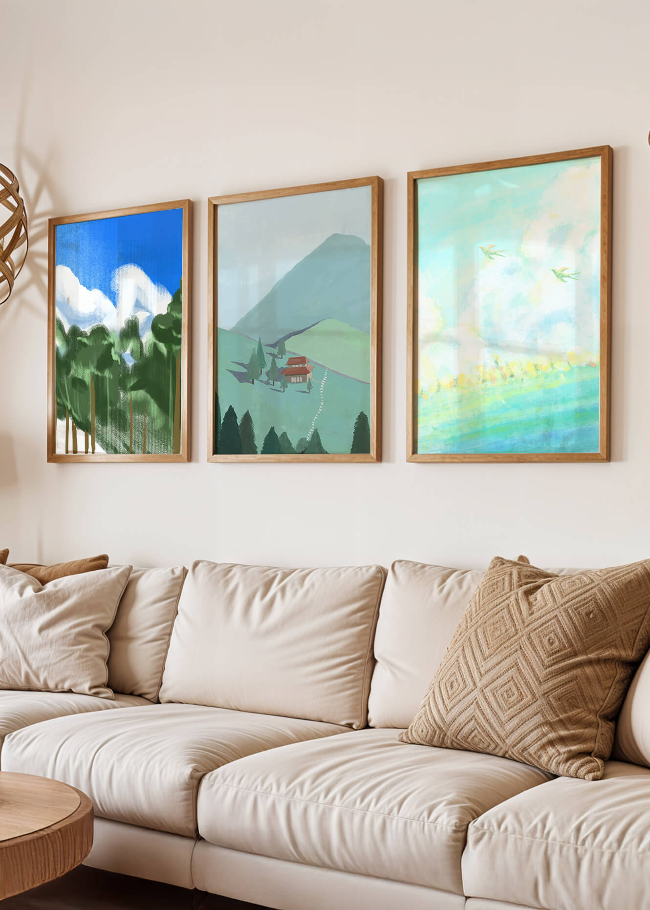 Jeu de trois œuvres d'art de paysage moderne sans cadre