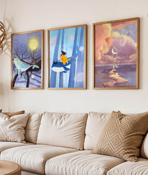 Triptyque d'Illustrations Fantastiques Sans Cadre avec Baleines et Paysages de Rêve