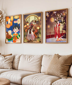 Art décoratif de style asiatique avec des lanternes et des personnages en vêtements traditionnels