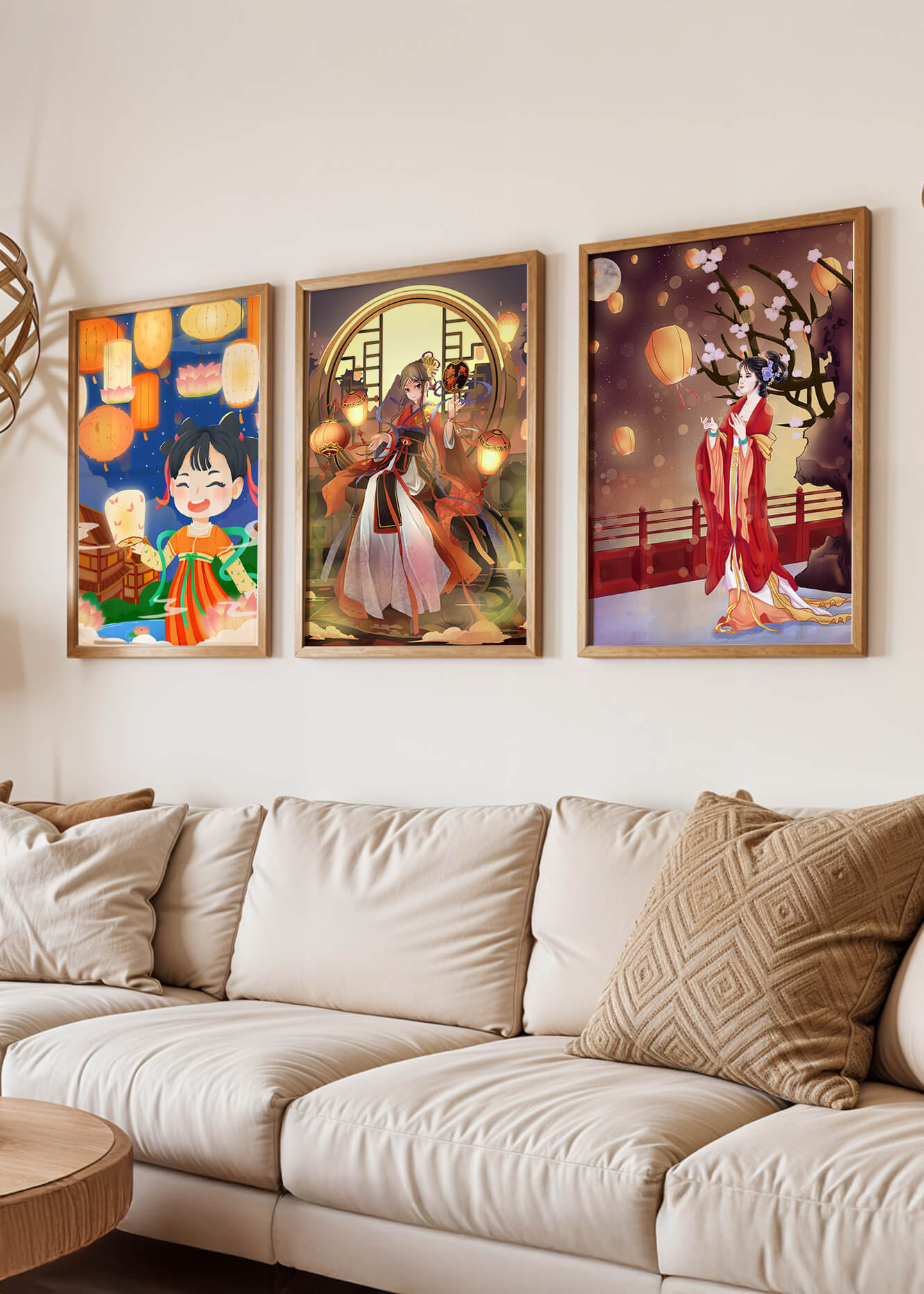Art décoratif de style asiatique avec des lanternes et des personnages en vêtements traditionnels
