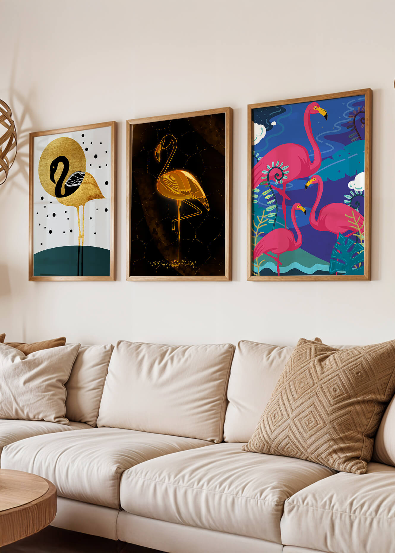 Triptyque de flamants roses avec détails dorés et design moderne