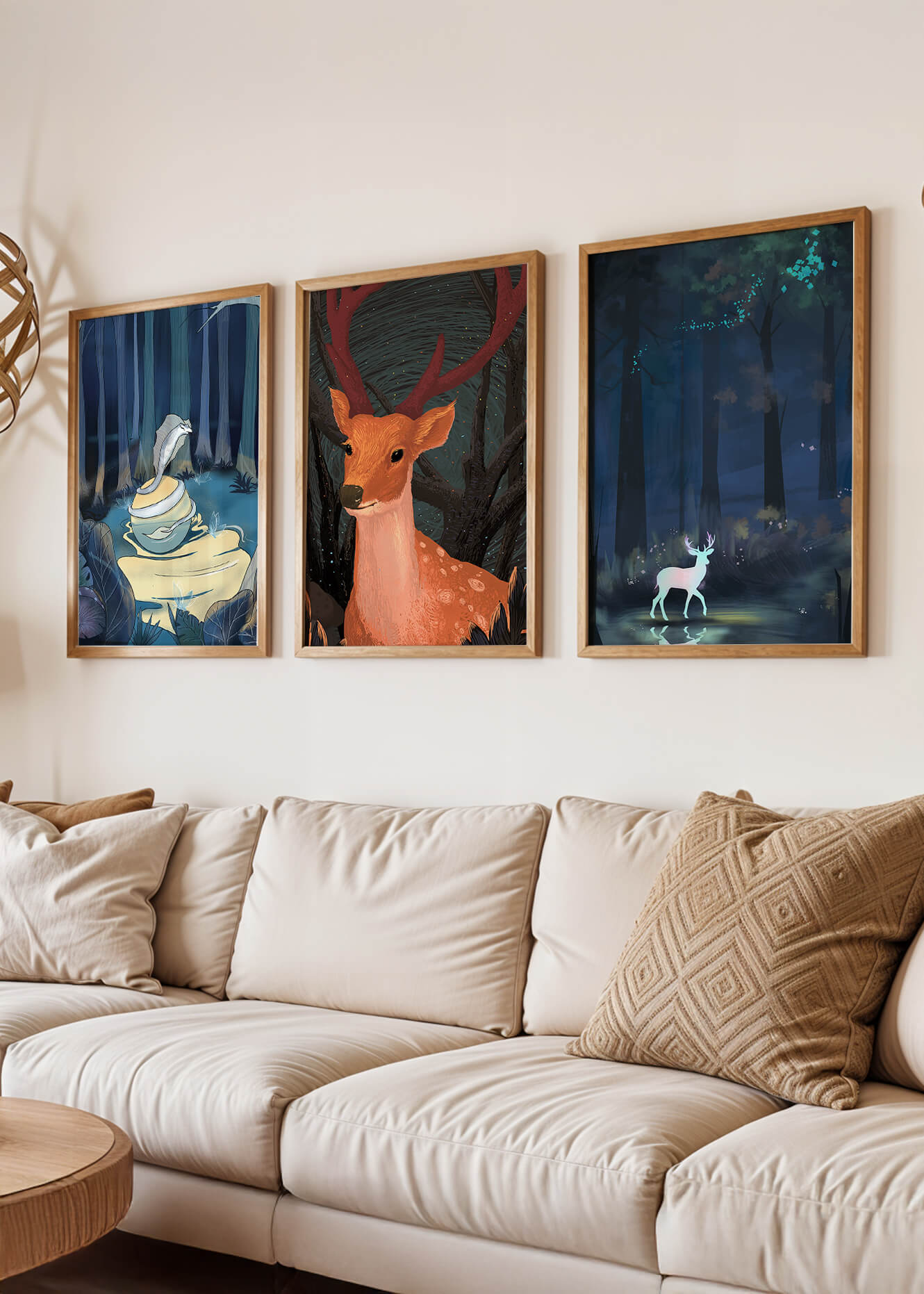 Tríptico De Animales En El Bosque Con Impresión Artística