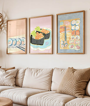Ensemble de toiles avec illustrations de sushi sur fond pastel