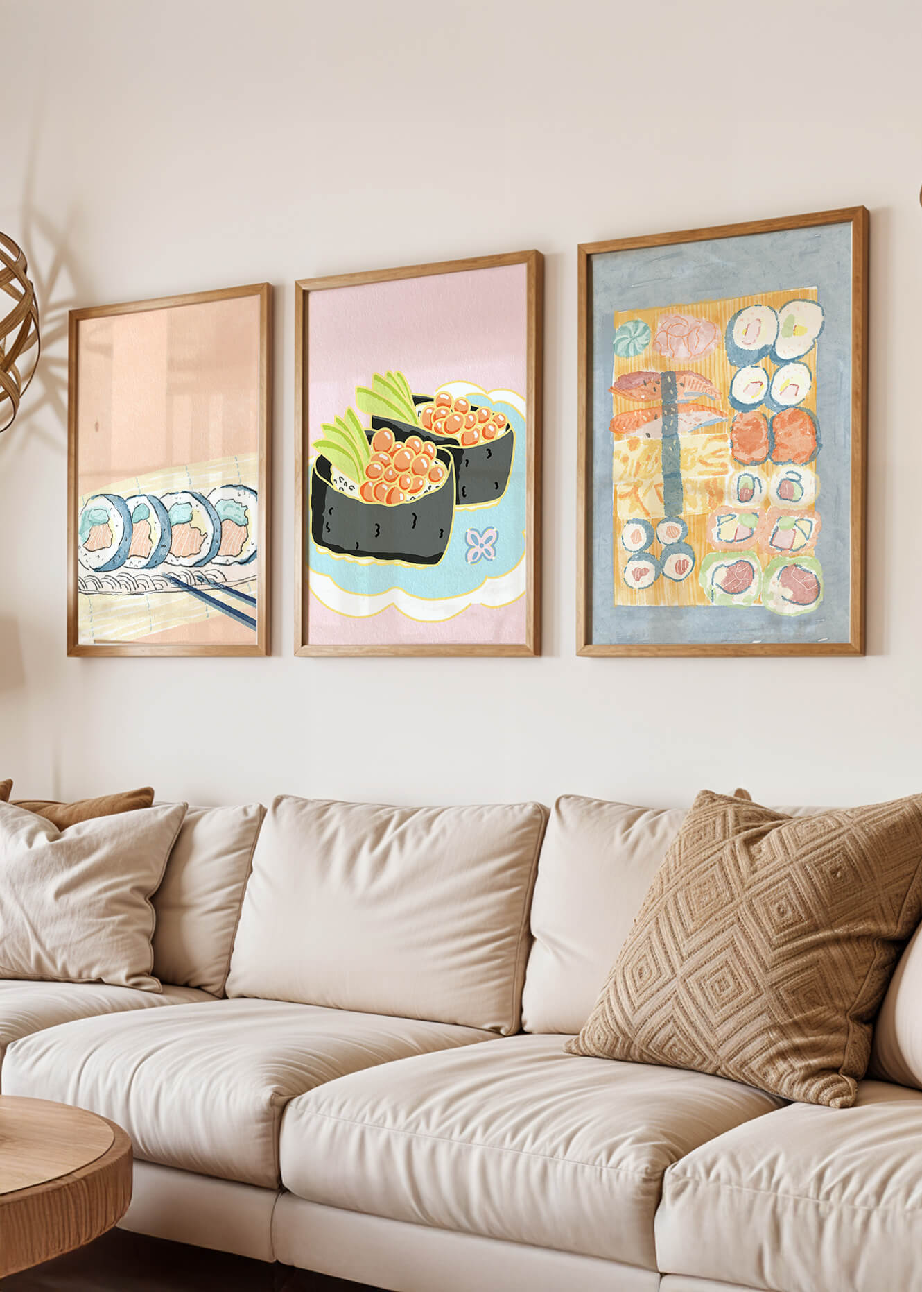 Conjunto de Lienzos con Ilustraciones de Sushi en Fondo Pastel
