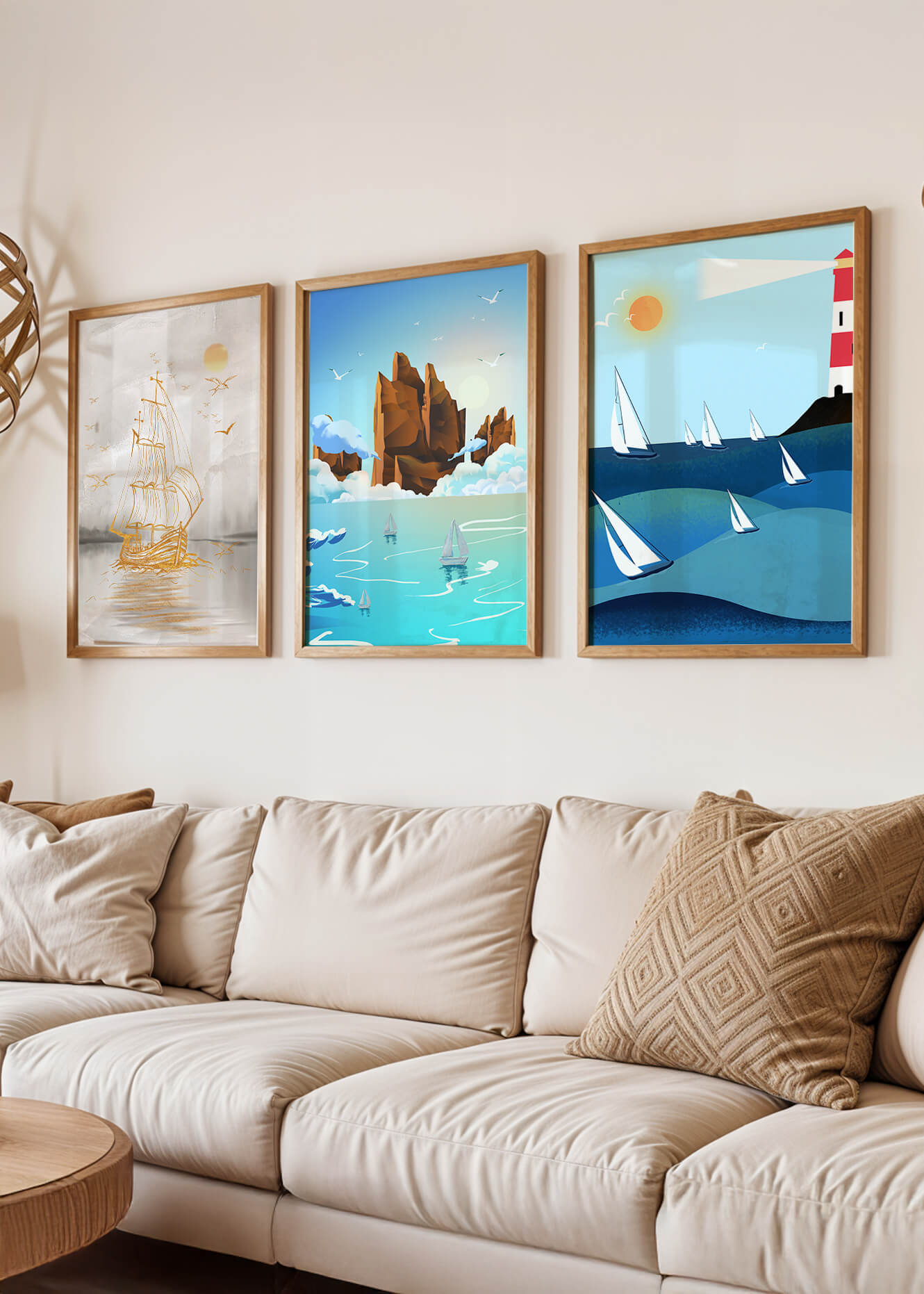 Triptyque de paysages marins avec bateaux et phare