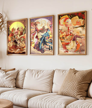 Triptyque d'art fantastique avec des personnages imaginaires