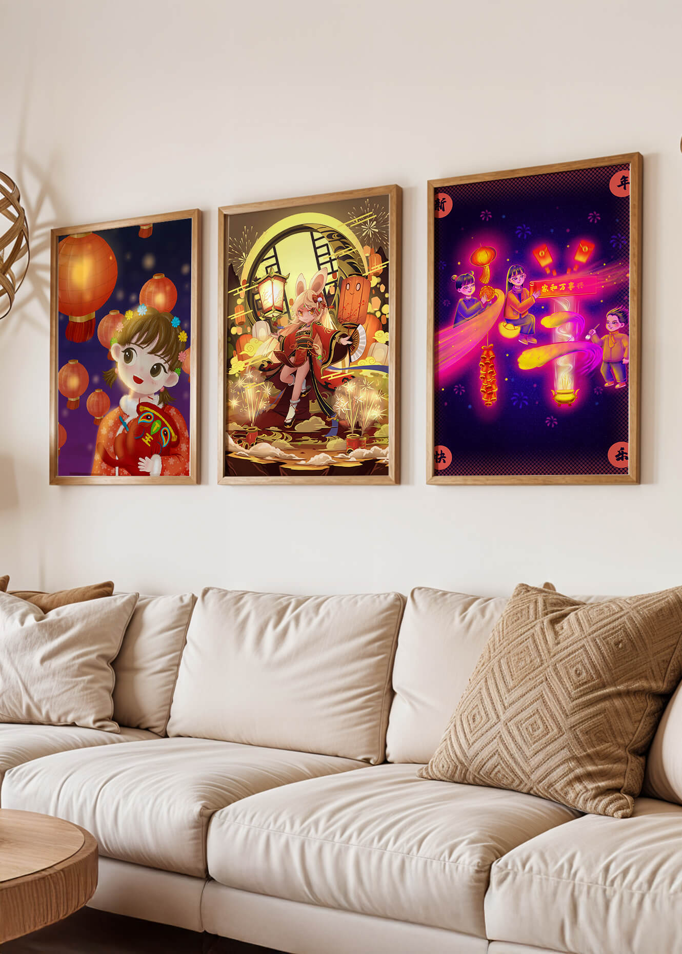 Impressions artistiques d’illustrations asiatiques avec des lanternes sur fond de bois clair