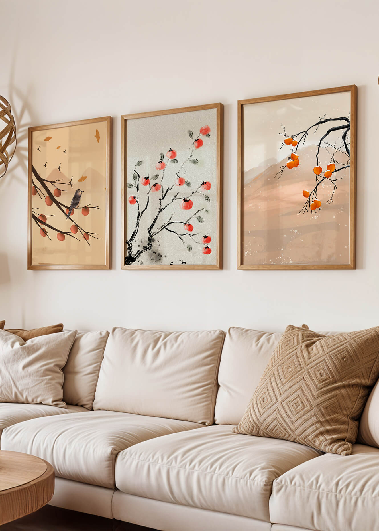 Conjunto de Obras de Arte con Ramas y Frutas en Estilo Oriental