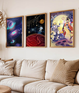 Triptyque d'art spatial avec astronautes en impression de haute qualité
