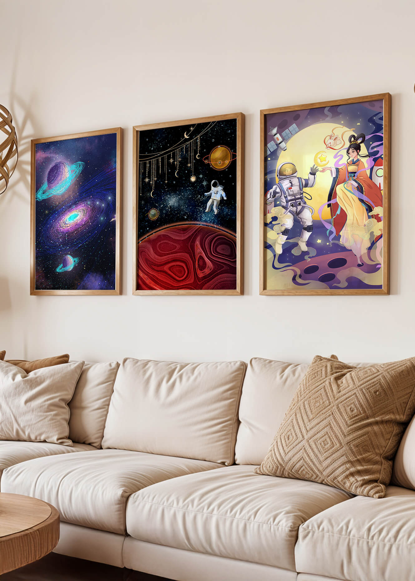 Tríptico De Arte Espacial Con Astronautas En Impresión De Alta Calidad