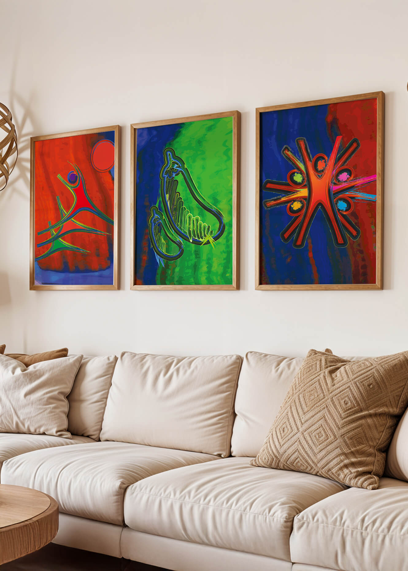 Conjunto de Tres Obras de Arte Abstracto con Elementos en Colores Vibrantes