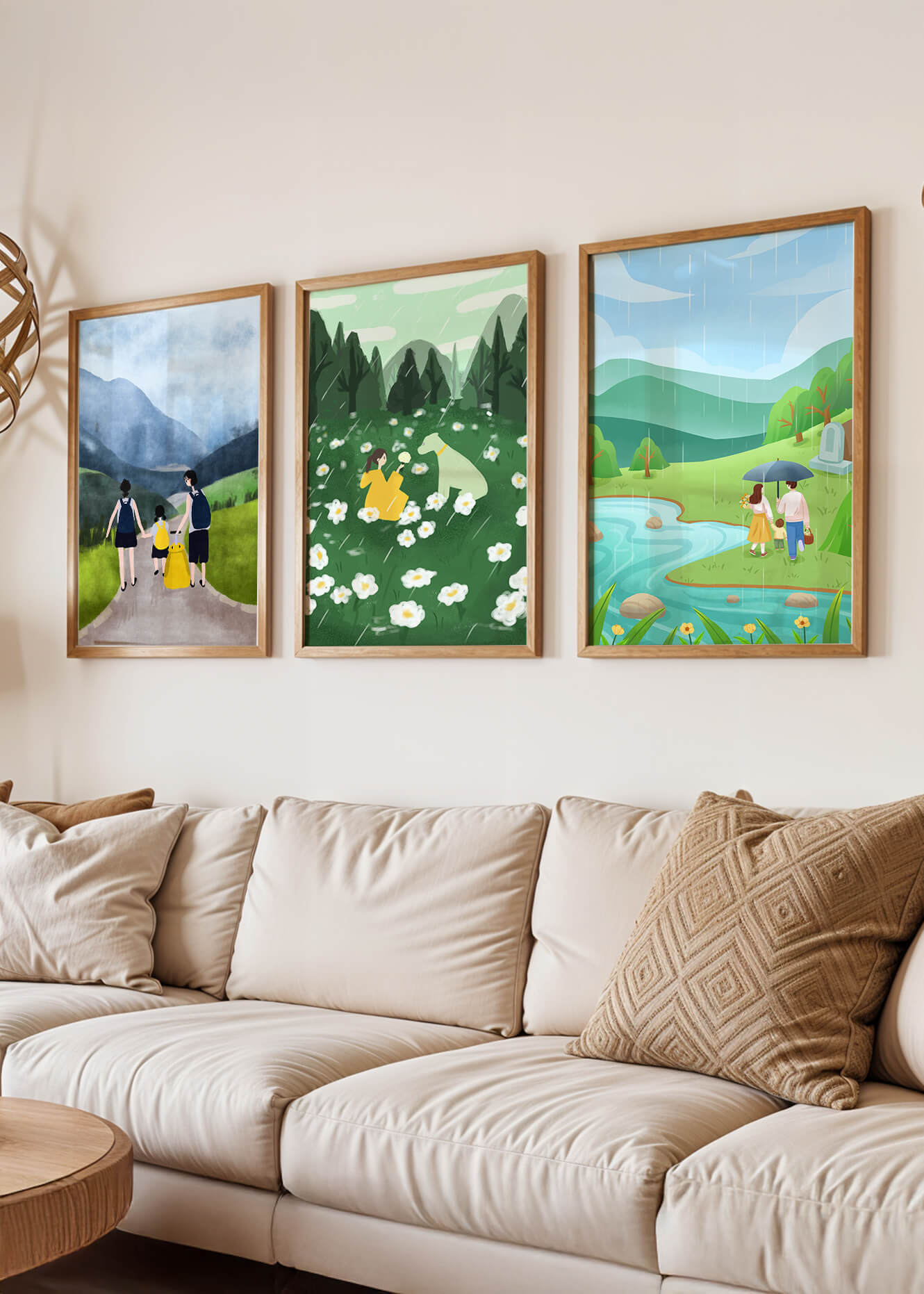 Set aus Drei Naturlandschaften mit Holzrahmen