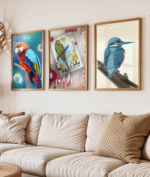 Arte Decorativo con Pájaros Coloridos en Impresión de Alta Calidad