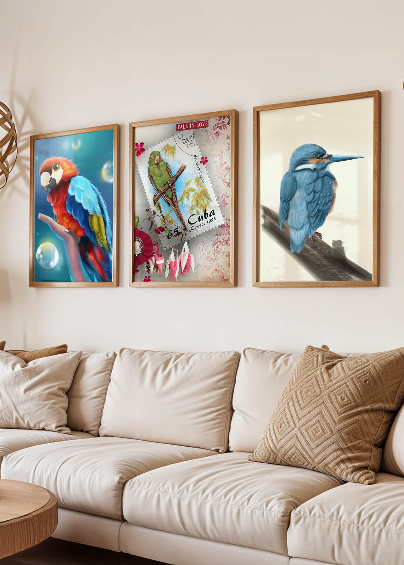 Arte Decorativo con Pájaros Coloridos en Impresión de Alta Calidad