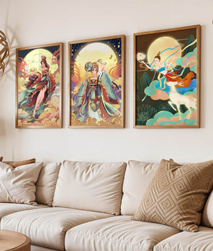 Ostasiatische Dekorative Kunst mit goldenen Elementen in einem Dreierset