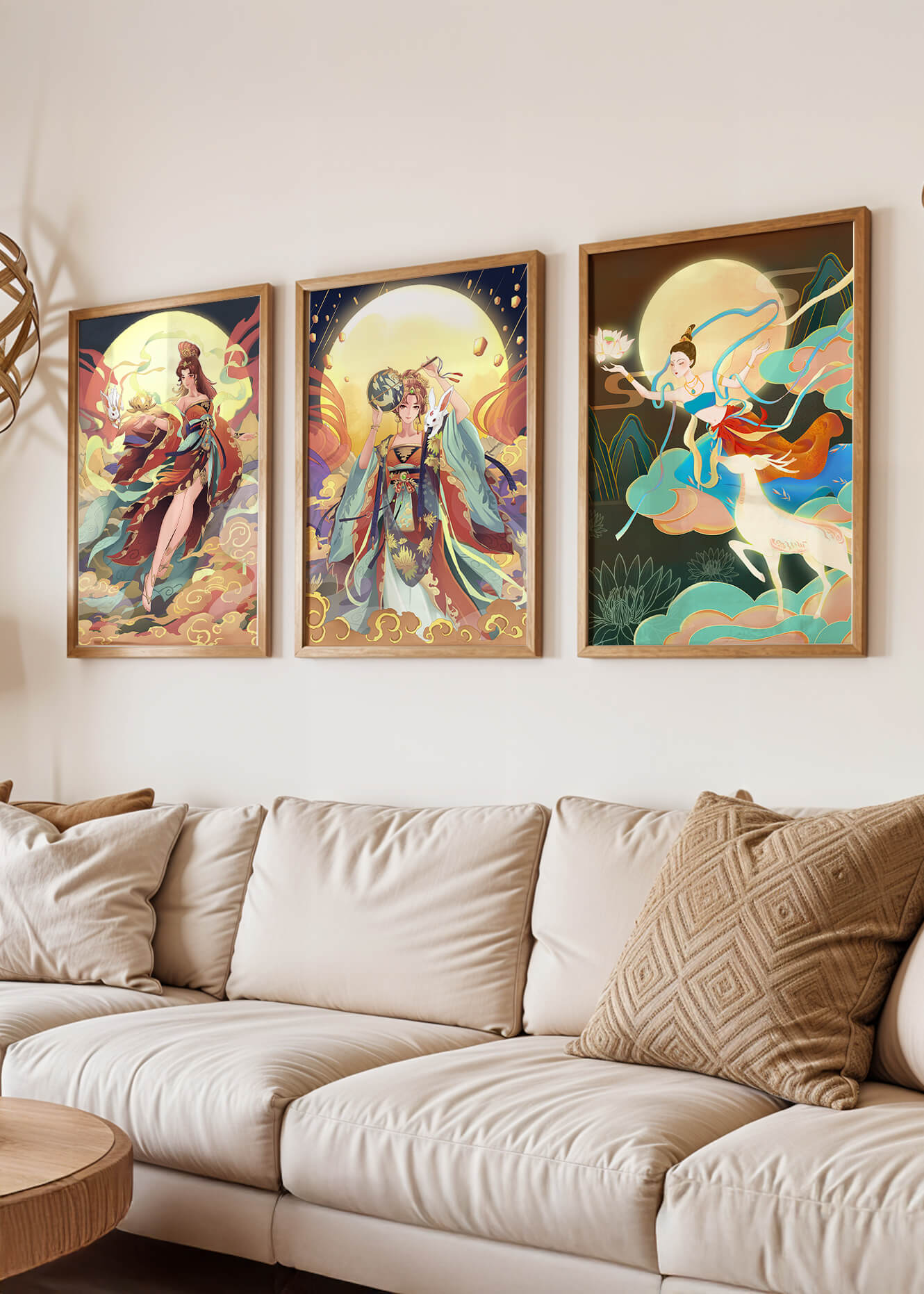 Ostasiatische Dekorative Kunst mit goldenen Elementen in einem Dreierset