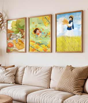 Triptyque d’illustrations d’automne avec des enfants et des paysages