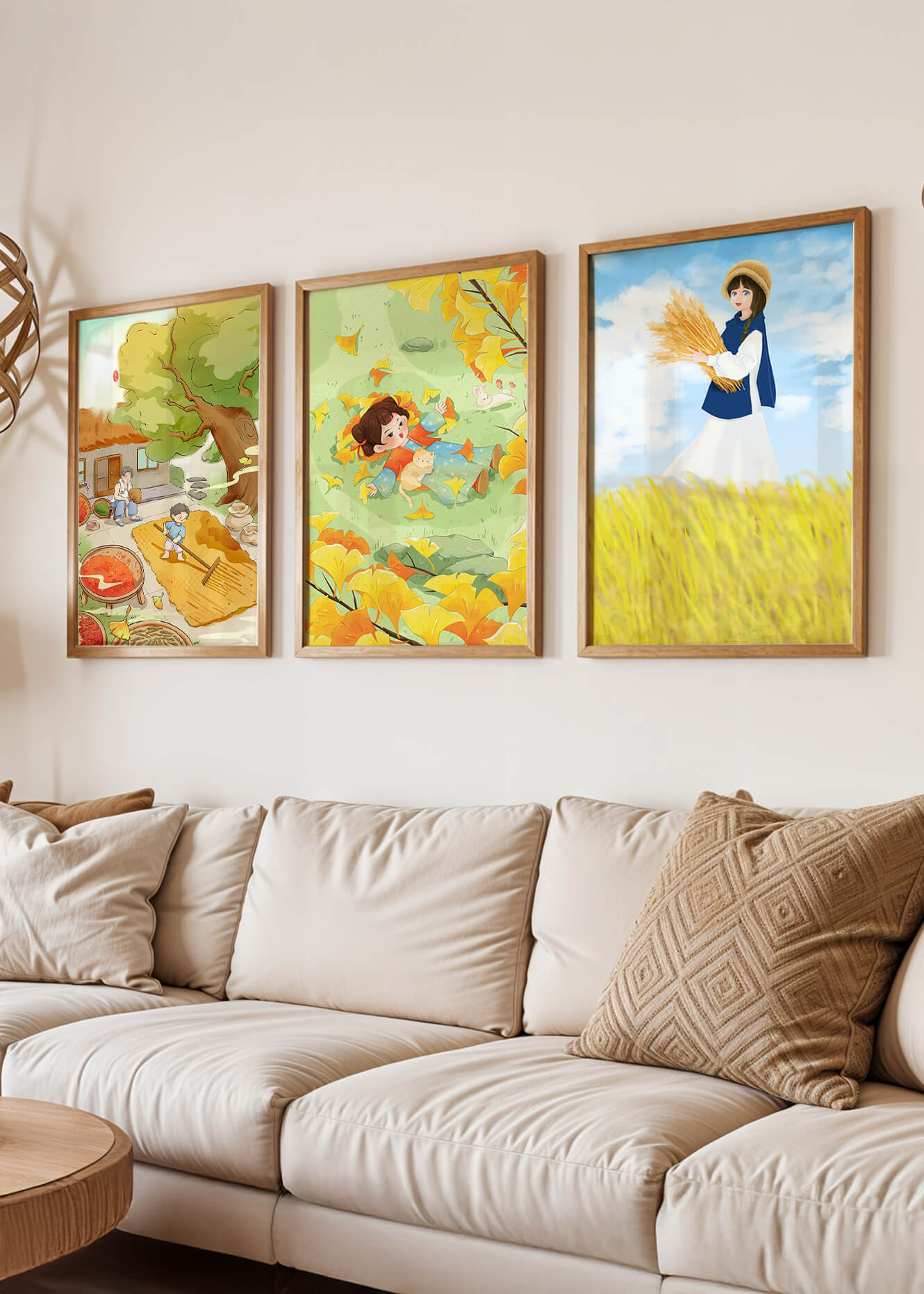 Tríptico de Ilustraciones de Otoño con Niños y Paisajes