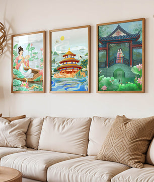 Triptyque d'illustrations orientales dans des intérieurs modernes