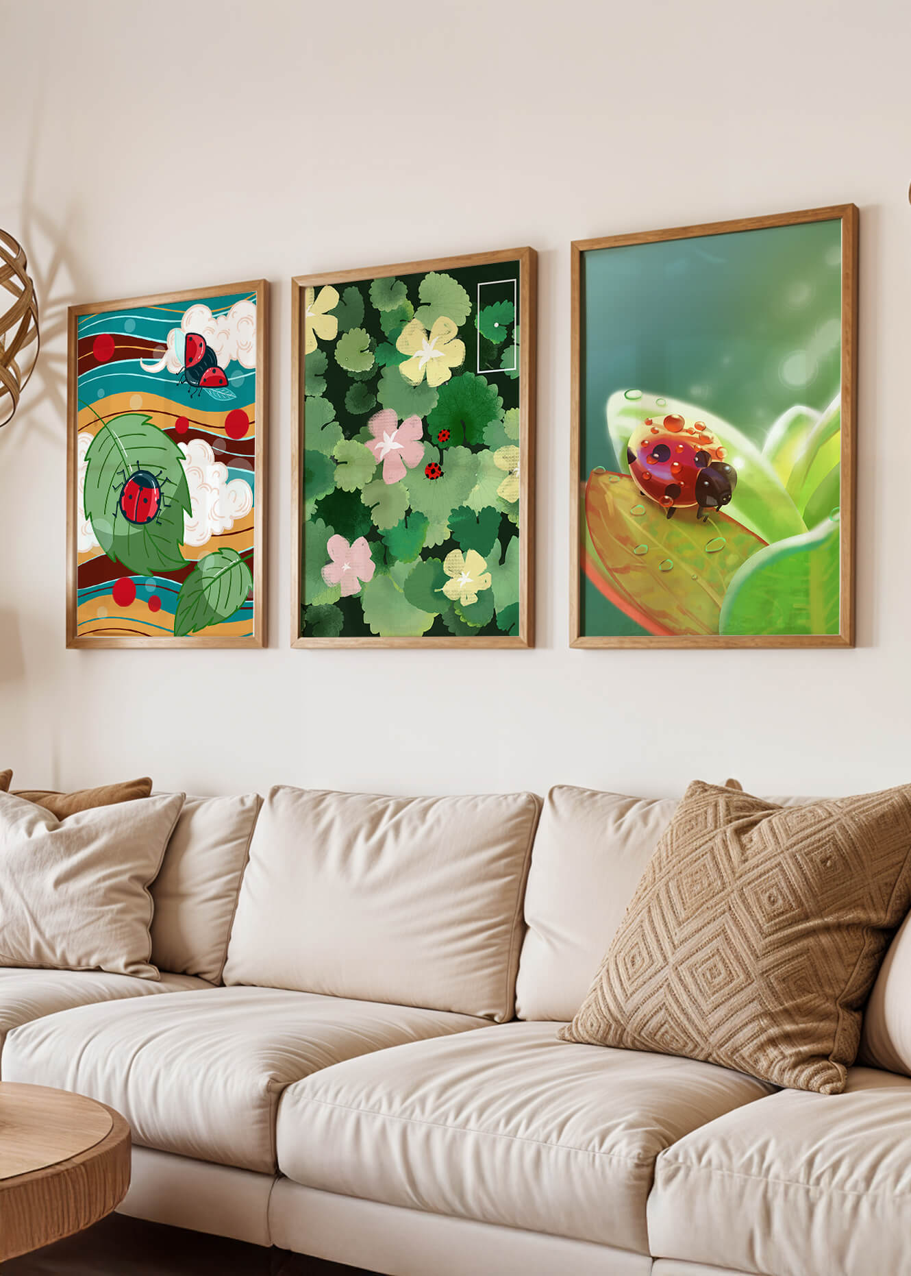 Tríptico De Mariquitas En Estilo Natural Moderno