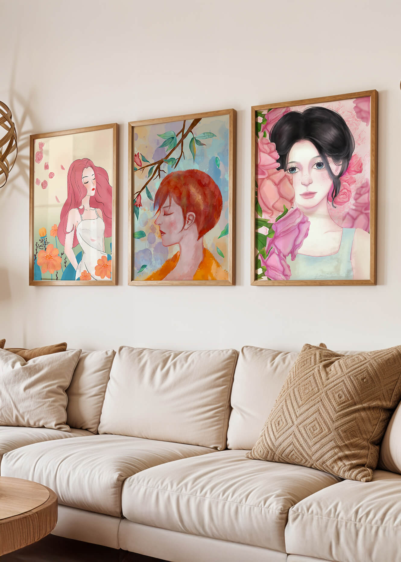 Peintures modernes de femmes avec fleurs en décoration intérieure