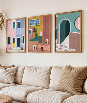 Ensemble de tableaux modernes avec architecture colorée