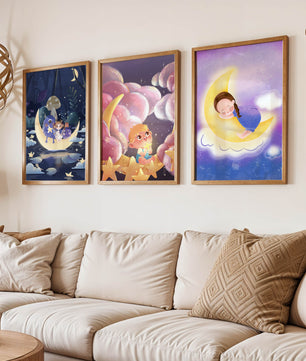 Triptyque d’art pour enfants sur le thème de la lune et des étoiles
