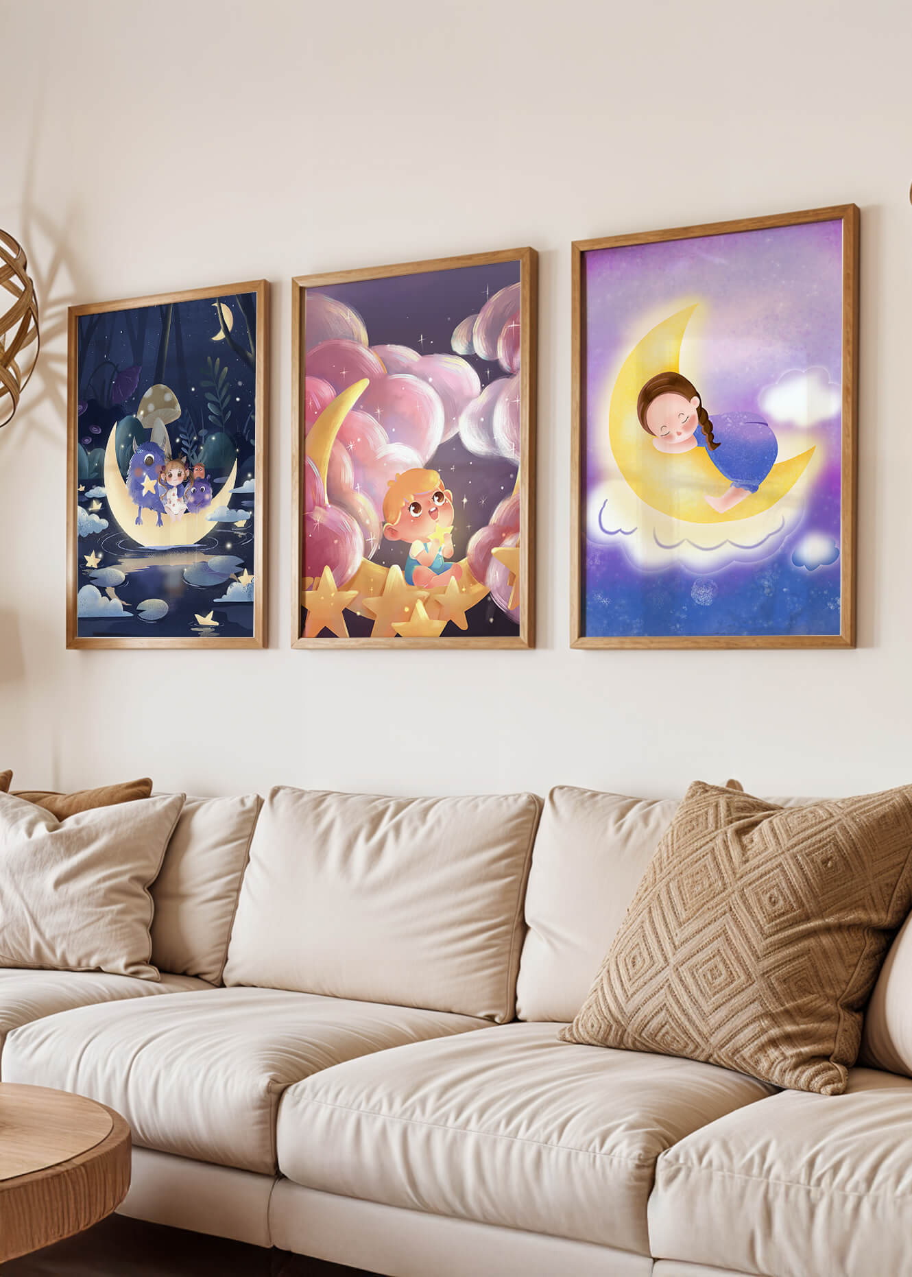 Tríptico de Arte Infantil con Temática de Luna y Estrellas