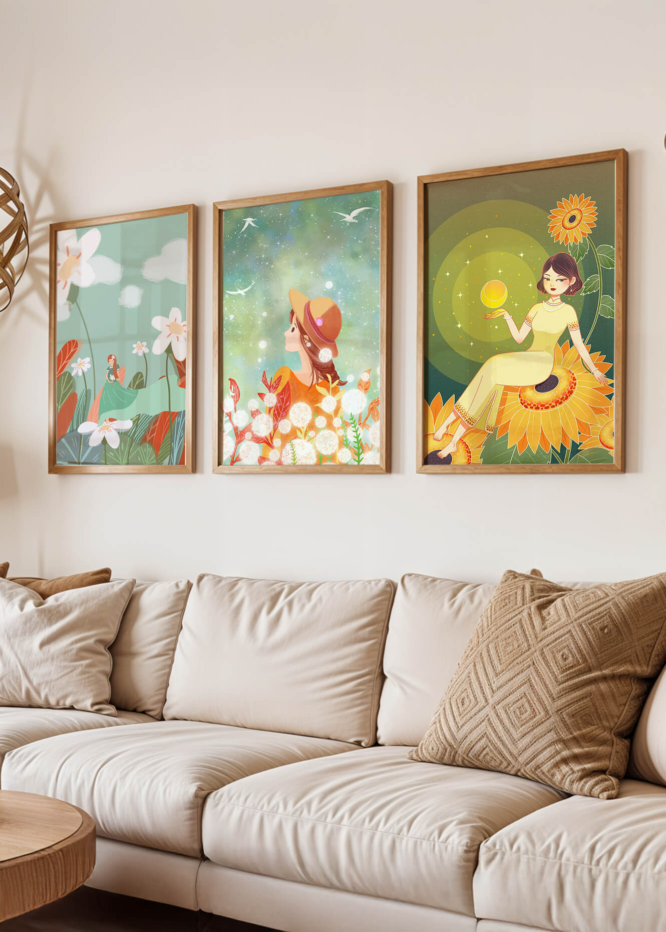 Ilustraciones de Mujeres y Flores en Sobres Verdes y Amarillos