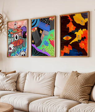 Tríptico de Arte Contemporáneo sin Marco con Estilo Pop y Abstracto