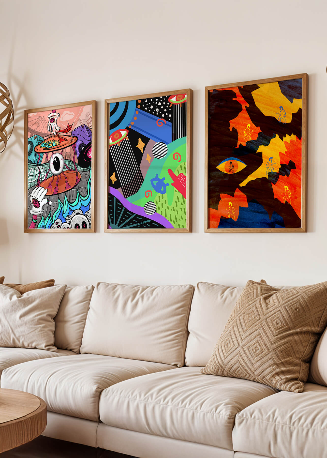 Tríptico de Arte Contemporáneo sin Marco con Estilo Pop y Abstracto