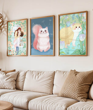 Ensemble de trois tableaux avec des chats et un design floral dans des tons pastel