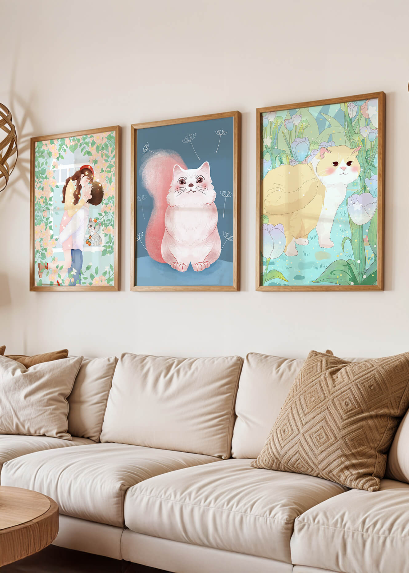 Ensemble de trois tableaux avec des chats et un design floral dans des tons pastel