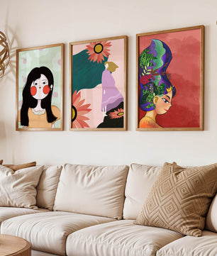 Ensemble de trois œuvres d’art modernes au style coloré