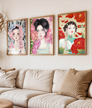 Ensemble de portraits féminins avec des fleurs dans un style artistique moderne