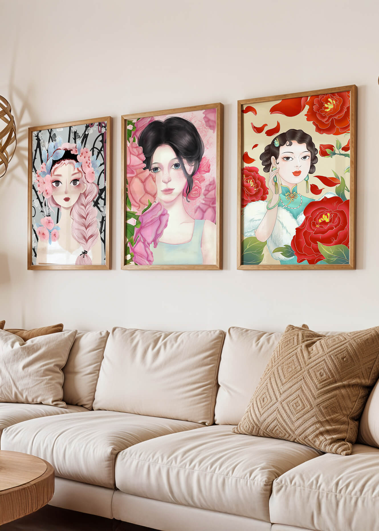 Ensemble de portraits féminins avec des fleurs dans un style artistique moderne