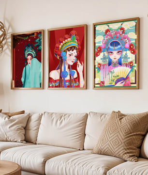 Ensemble de trois illustrations colorées de femmes avec des coiffes traditionnelles asiatiques