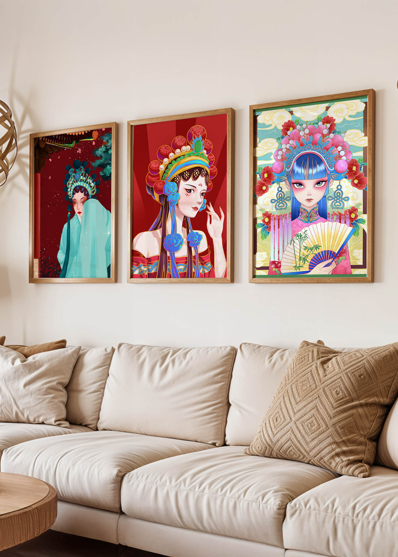 Set De Tres Ilustraciones Coloridas De Mujeres Con Tocados Tradicionales Asiáticos