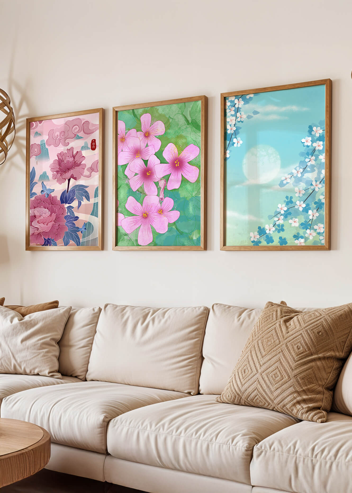 Buntes florales Triptychon mit Naturinspirationen