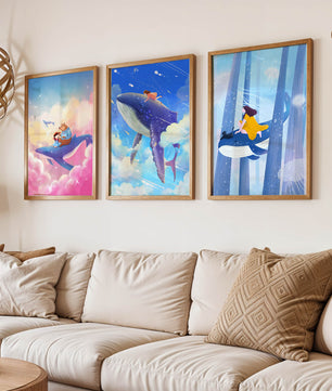 Tableaux fantastiques avec des baleines volantes pour décoration enfantine