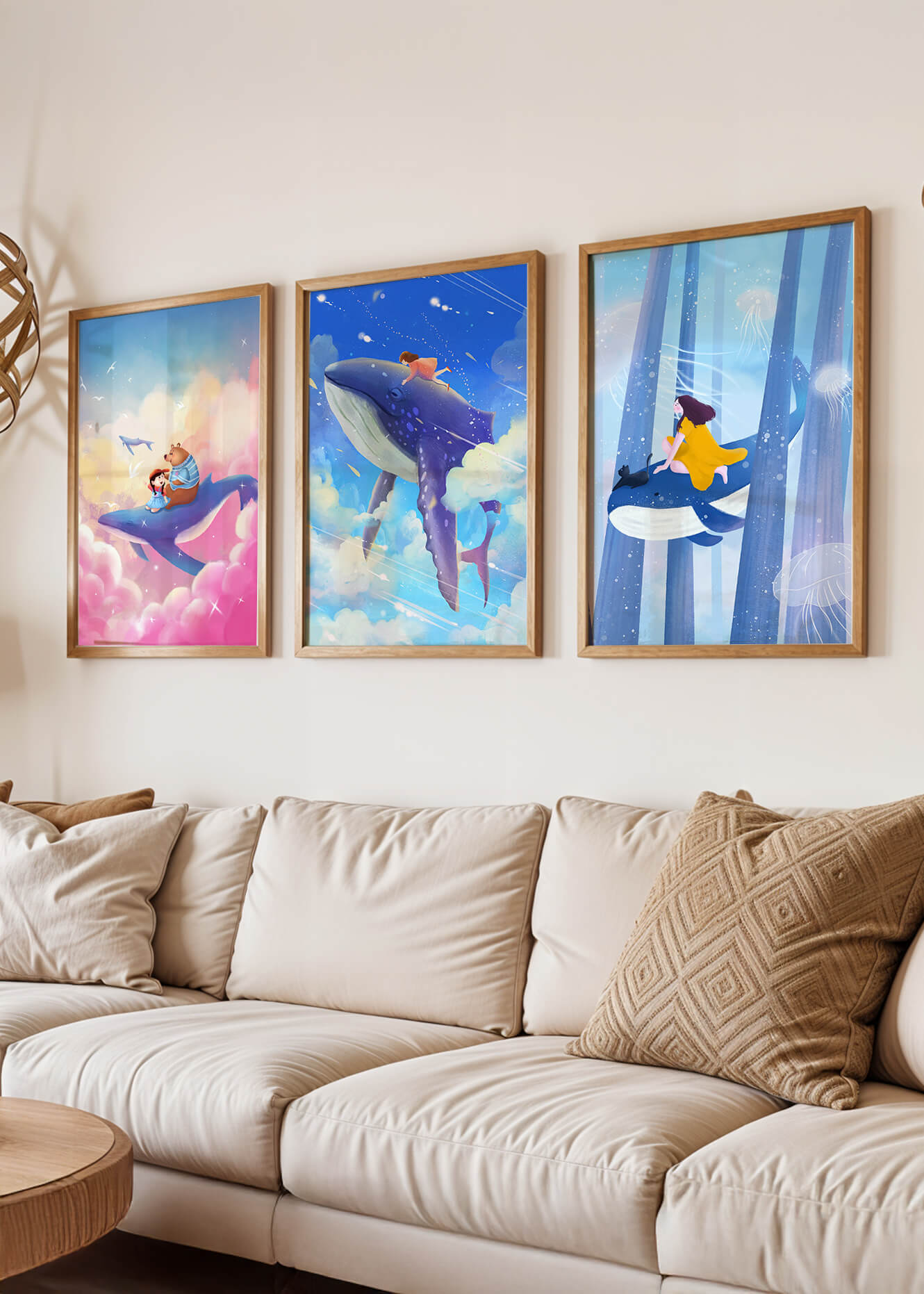 Tableaux fantastiques avec des baleines volantes pour décoration enfantine