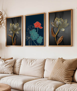 Impressions artistiques de fleurs de lotus sur fond sombre avec détails dorés