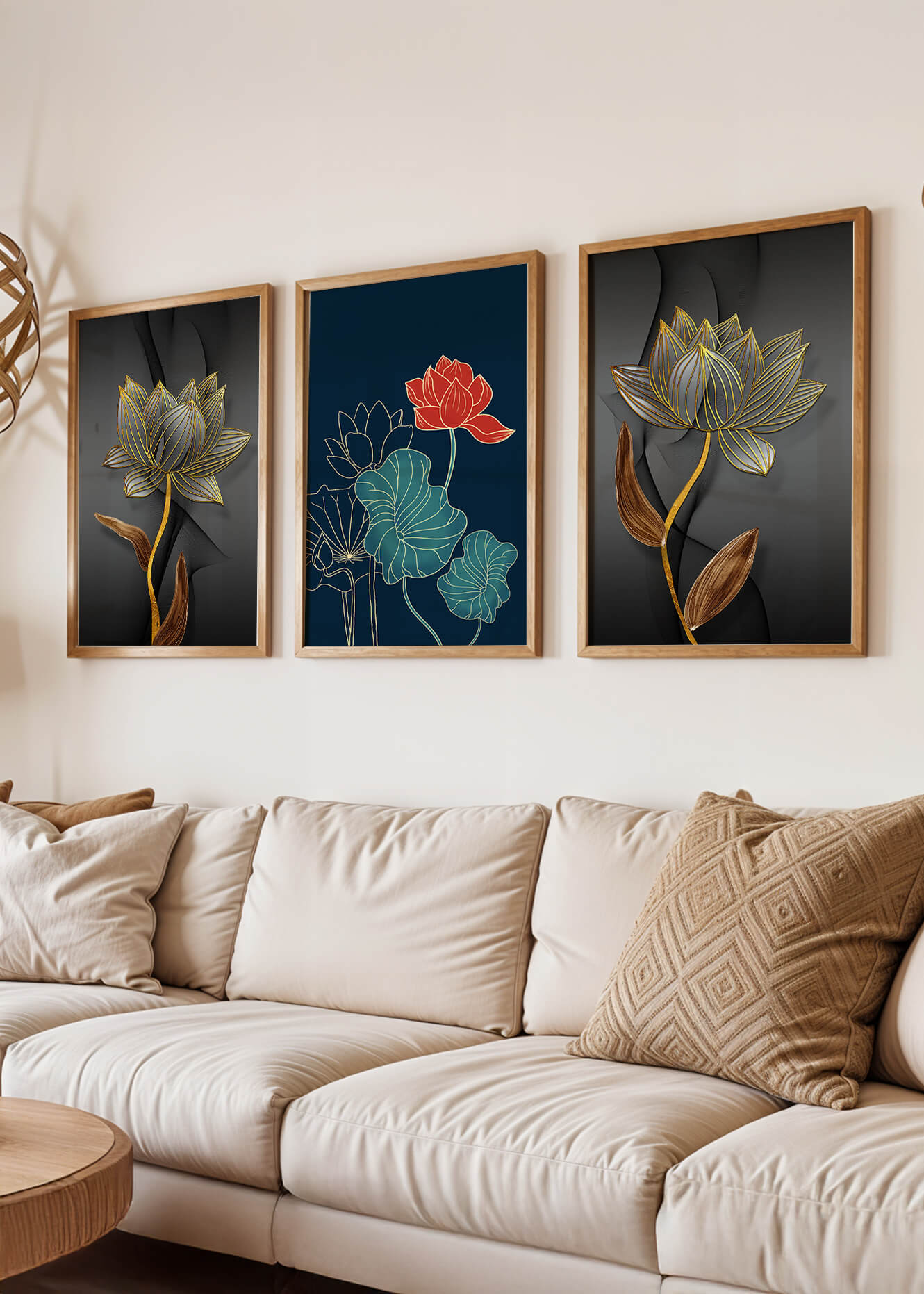 Impressions artistiques de fleurs de lotus sur fond sombre avec détails dorés
